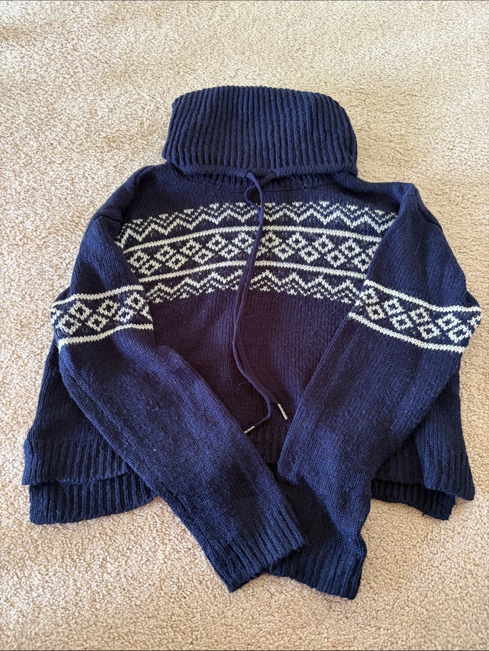 Derek Heart Navy and Cream Fair Isle Cowl Neck Sweater